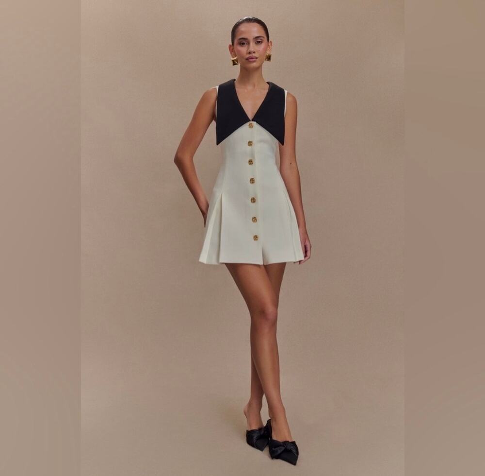MESHKI Contrast Mini Dress OLI Sleeveless flair collared button flared skirt M